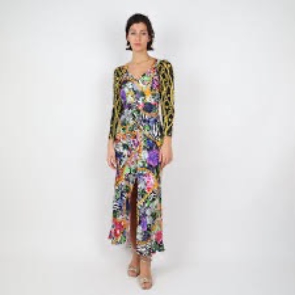 RIXO London Madonna Mixed Floral Chain Print Midi Dress Black Gold Red L - Picture 8 of 8